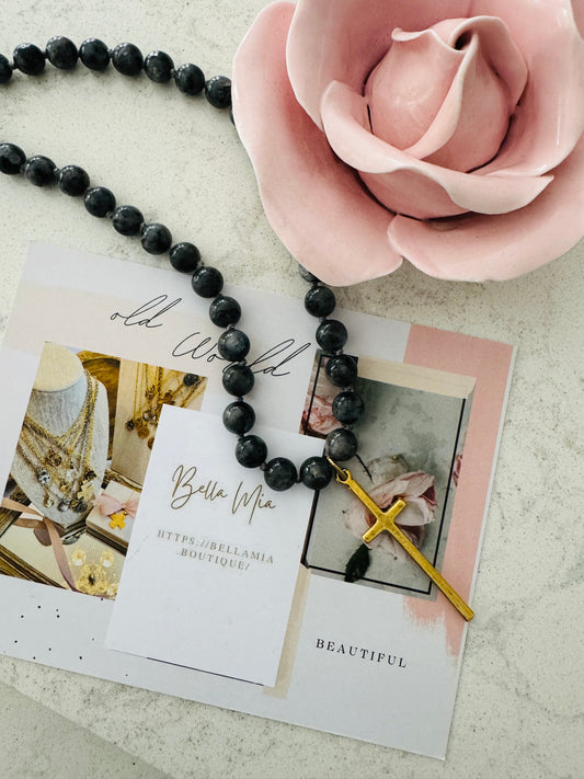 Black Beaded Skinny Cross Necklace