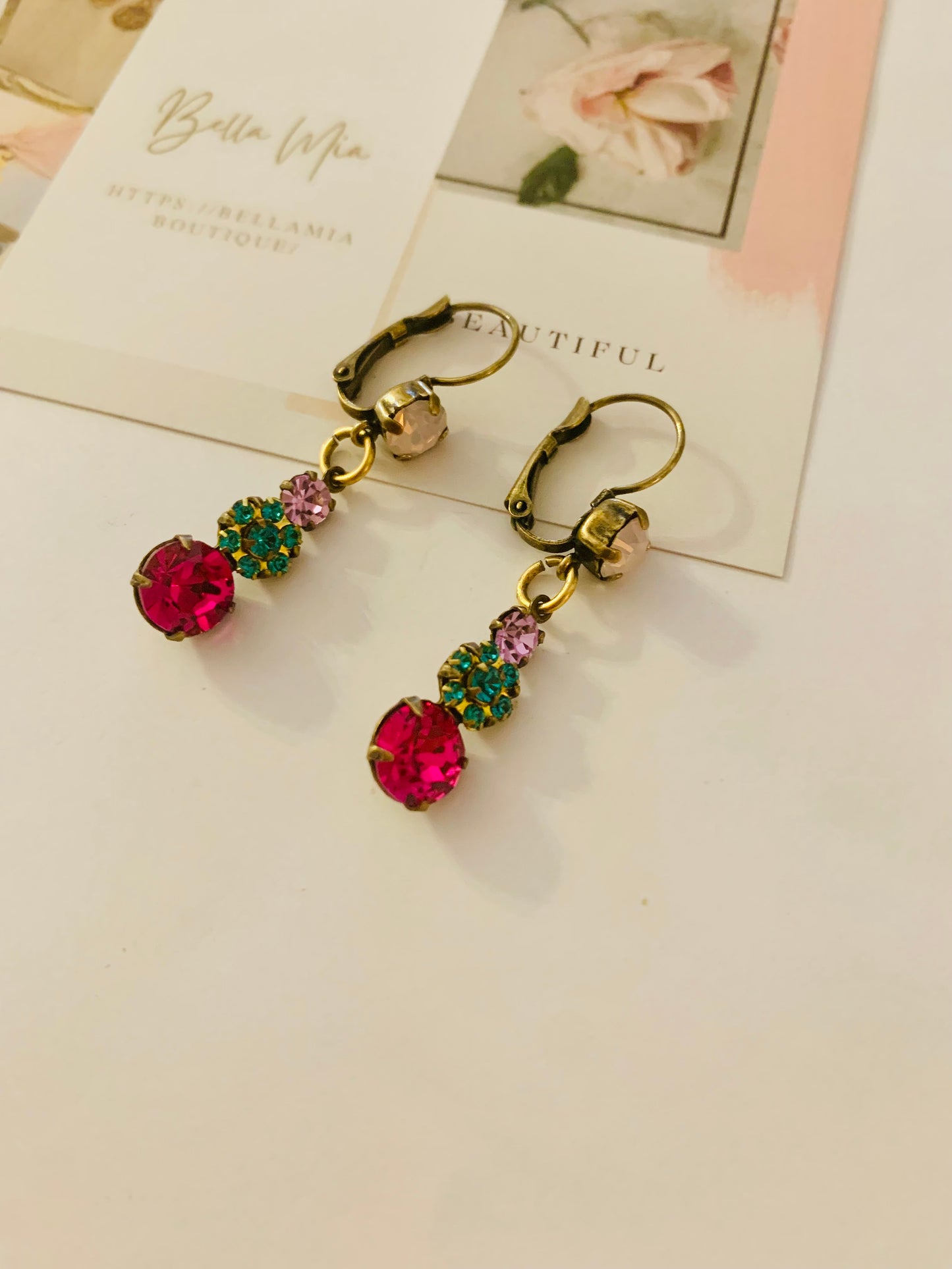 Fuschia, Blue Zircon & Violet Rhinstone Earrings