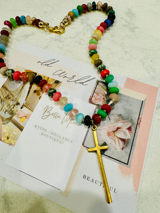 Candy Beaded Skinny Cross Necklace