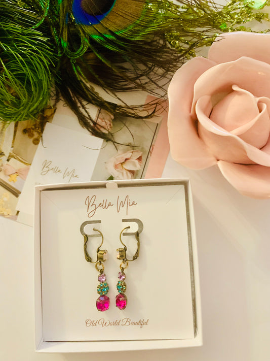 Fuschia, Blue Zircon & Violet Rhinstone Earrings