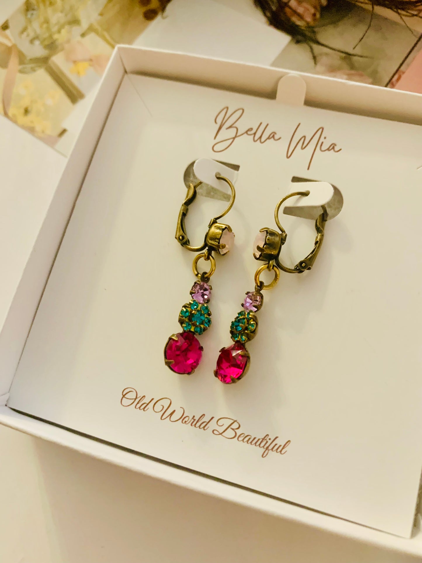 Fuschia, Blue Zircon & Violet Rhinstone Earrings