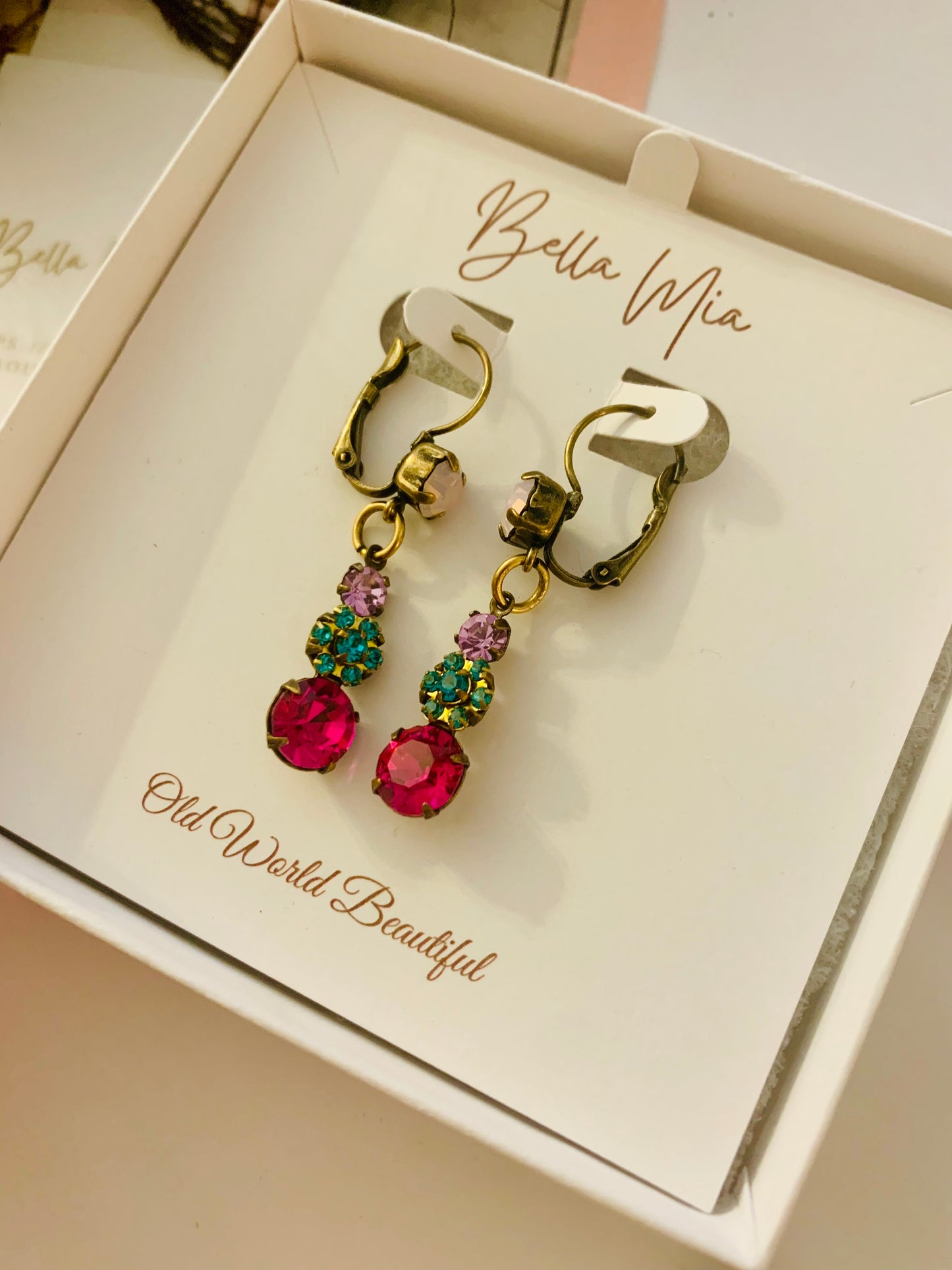 Fuschia, Blue Zircon & Violet Rhinstone Earrings